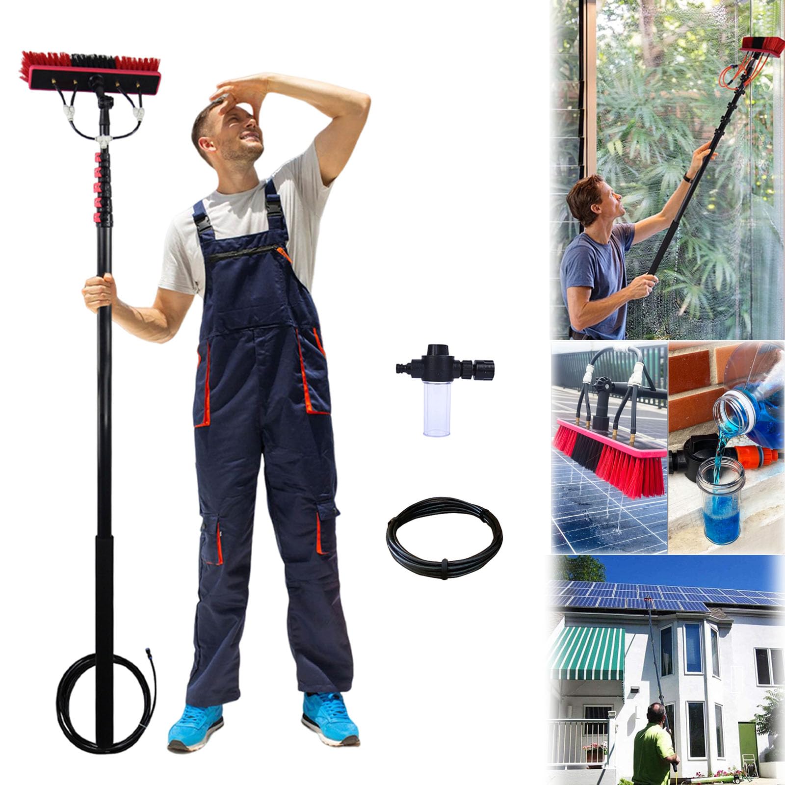 Aioneer Window Cleaning Pole Water Fed Telescopic Brush Extendable Solar Photovoltaic Panel Cleaner Brush Outdoor Conservatory Roof Washing Equipment Tools Brush Head-35cm Brush -4.6M