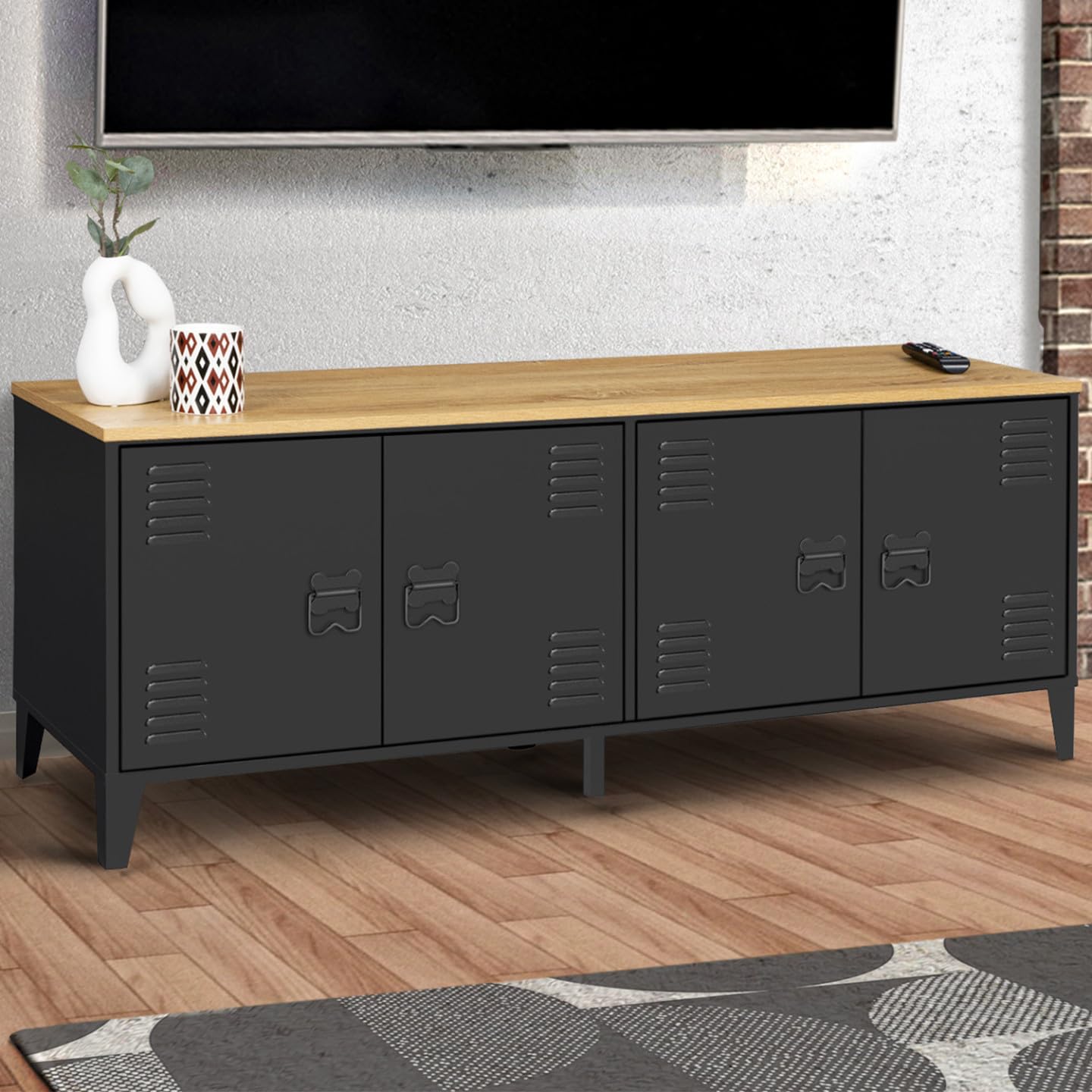 IDMarket - Aparador bajo ESTER 140 cm con 4 puertas de metal negro y tablero de madera de diseño industrial