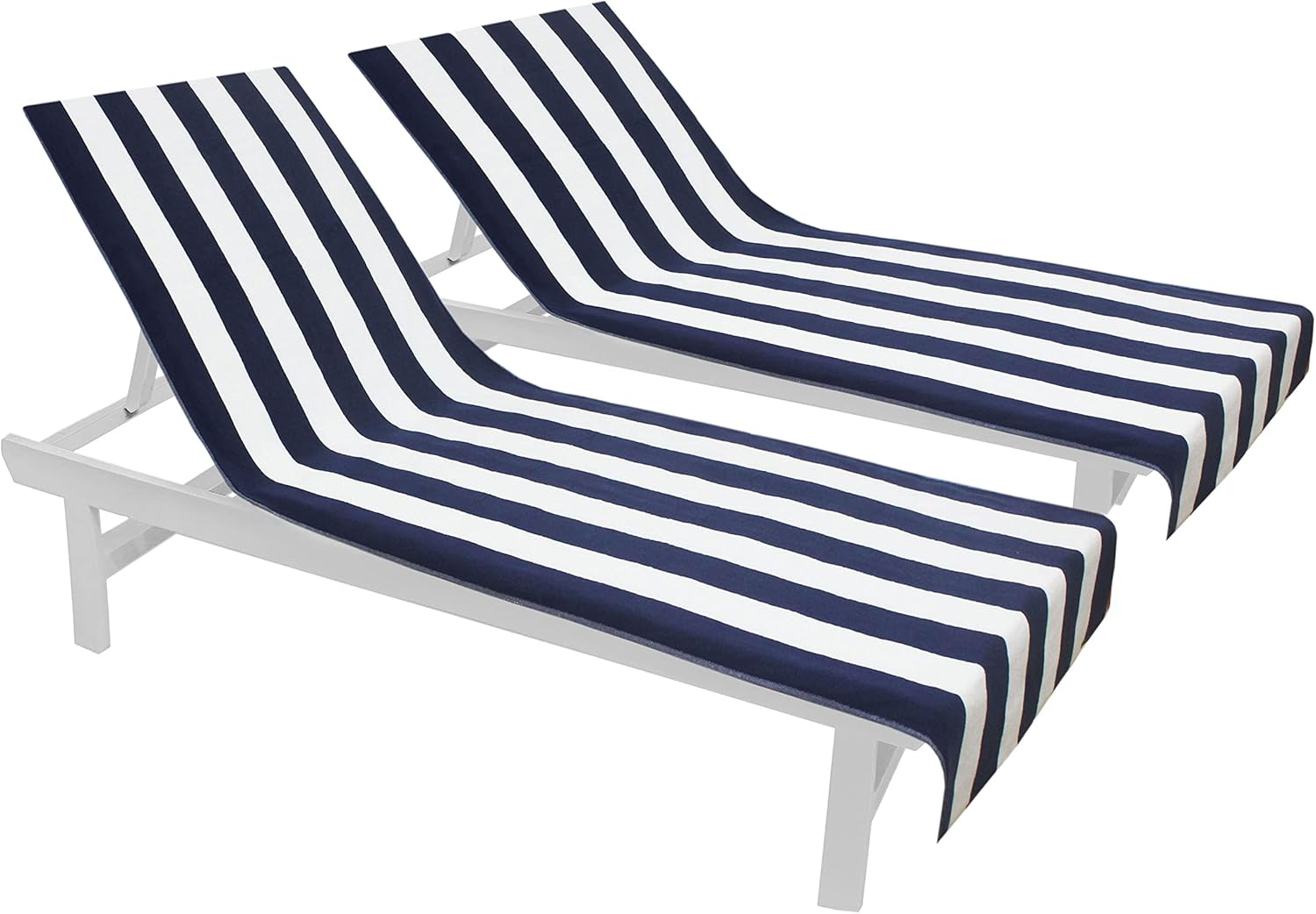 COTTON CRAFT Pool Lounge Chair Cover - 2 Pack - Chaise Beach Picnic Spa Towel - Cabana Stripe - Soft Premium Ringspun Terry Cotton - Oversized - 32 inch Wide x 82 inch Long with 7 inch Pocket  Navy