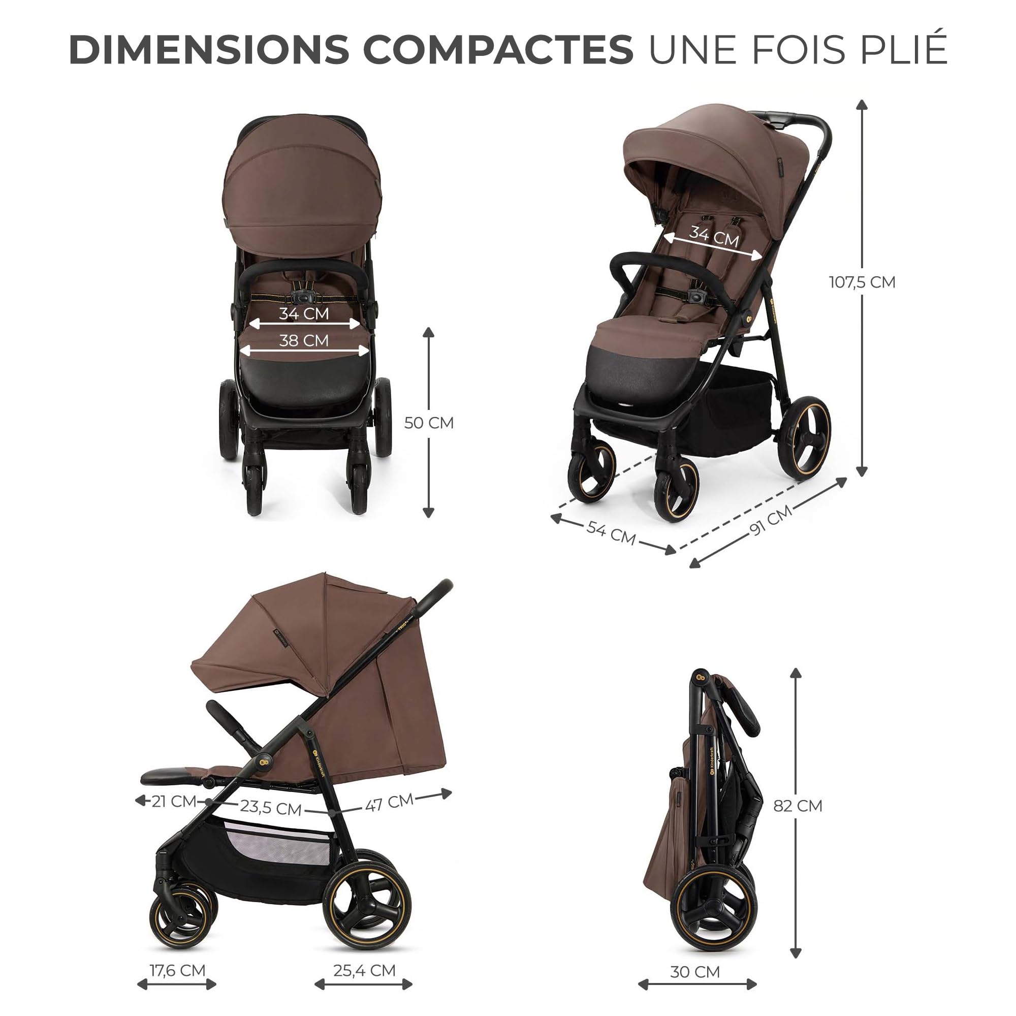 Kinderkraft TRIG 3 Poussette Canne, Légère, Position Allongée, Suspension 4 Roues, Pliable, Harnais réglables à 5 points, Repose-pieds, Jusqu'à 25 kg, Brun
