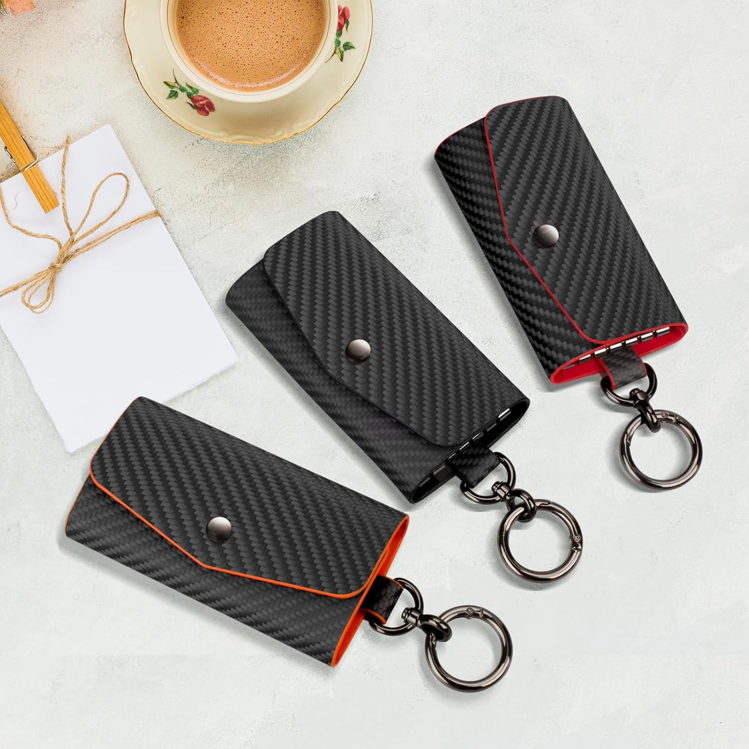 Leather Keychain Wallets Portable Key Holders Pouch Multiple Key Holder with 6 Hooks for Men or Women,Carbon Fiber Pattern - Image 8