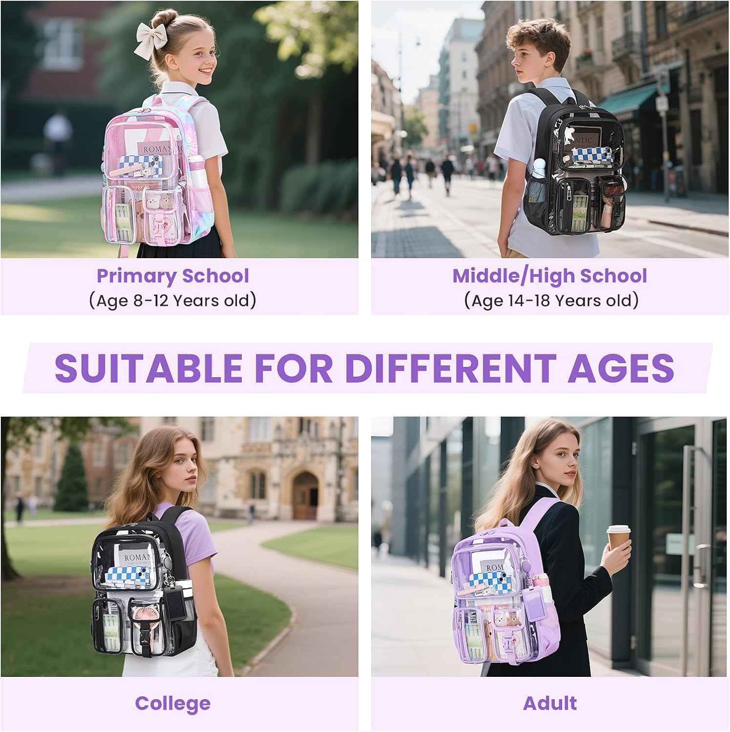Clear Backpack for School, Heavy Duty Clear Bookbag for Girls Boys Transparent Backpack with Badge Holder, Purple - Image 3