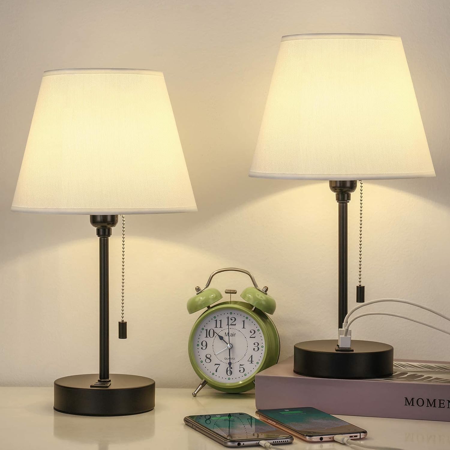 MOOACE Dual USB Bedside Table Lamps Set of 2, Nightstand Lamps for Bedroom Office Living Room, White