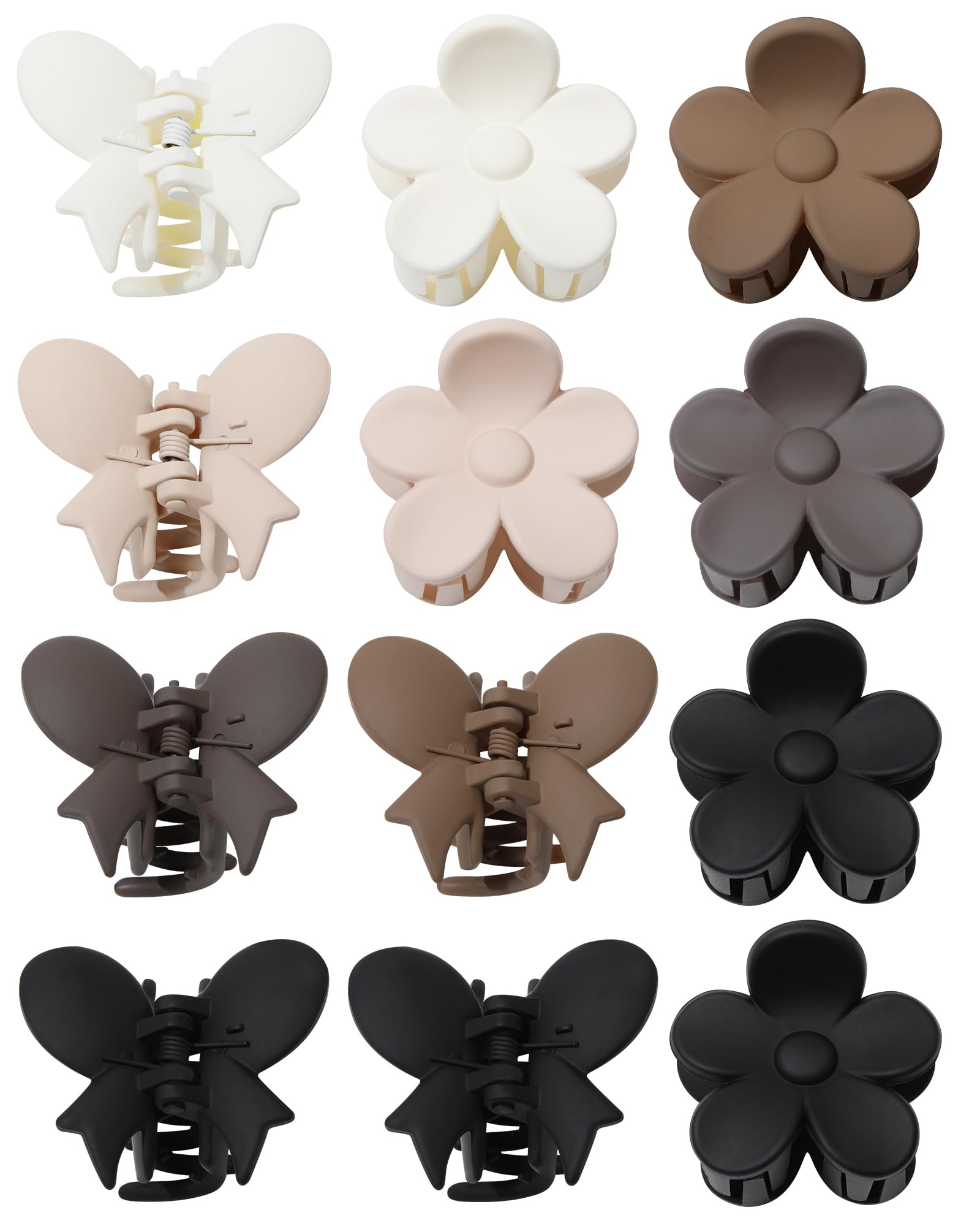 Butterfly Hair Clips - Flower and Matte Claw Clips for Women and Girls (12pcs, White/Brown/Black)