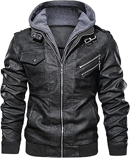 Maiyifu-GJ Men Vintage Faux Leather Jacket Stand Collar PU Leather Motorcycle Jacket Casual Bomber Hoodie with Removable Hood (Black,5X-Large)