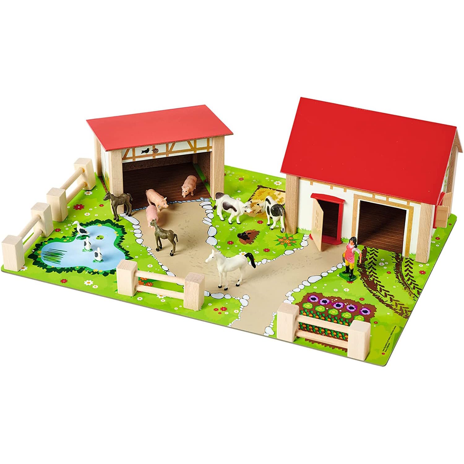 Eichhorn Bauernhof 100004309 - Bauernhof bestehend aus 2 Gebäuden, Spielplatte, Figuren, Tiere, Zäune, 20 teilig, Größe 36x51cm, Buchenholz, für Kinder ab 3 Jahren