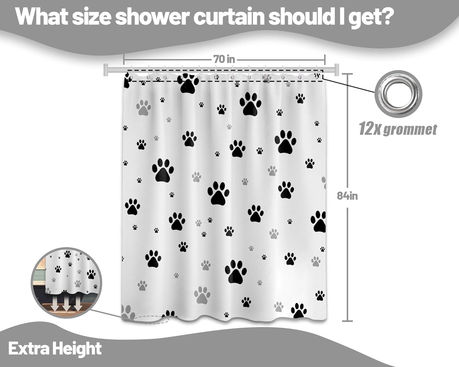 Paw Print Shower Curtain Dog Cat Black and White Funny Kids Bathroom Decor, Waterproof Cloth Fabric with Hooks (70" W X 84" L)