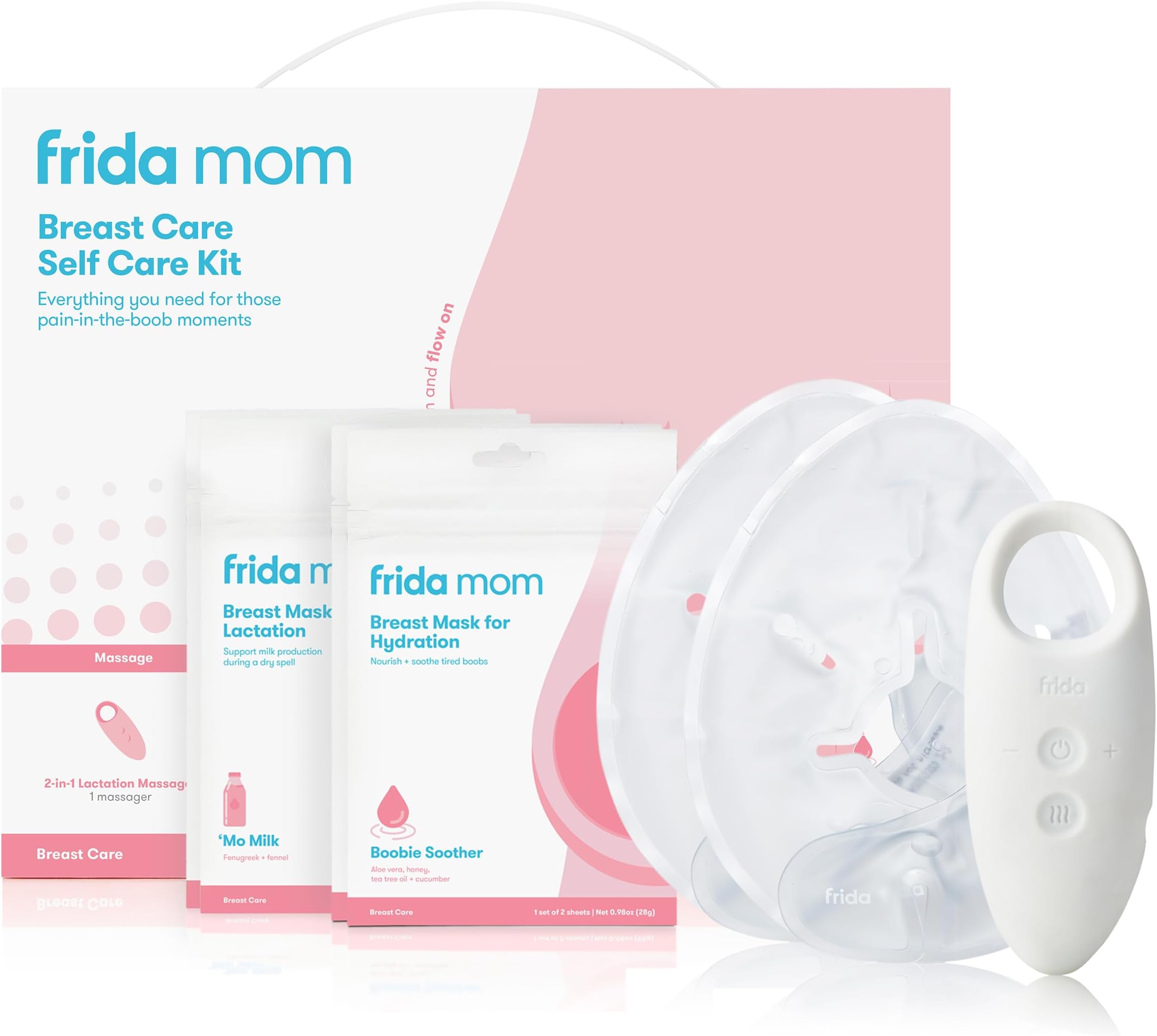 Frida Mom Breast Care Self Care Kit - 2-In-1 Lactation Massager, Instant Heat Breast Warmers, Breast Mask For Hydration, Breast Mask For Lactation - 9 Piece Set, Pink
