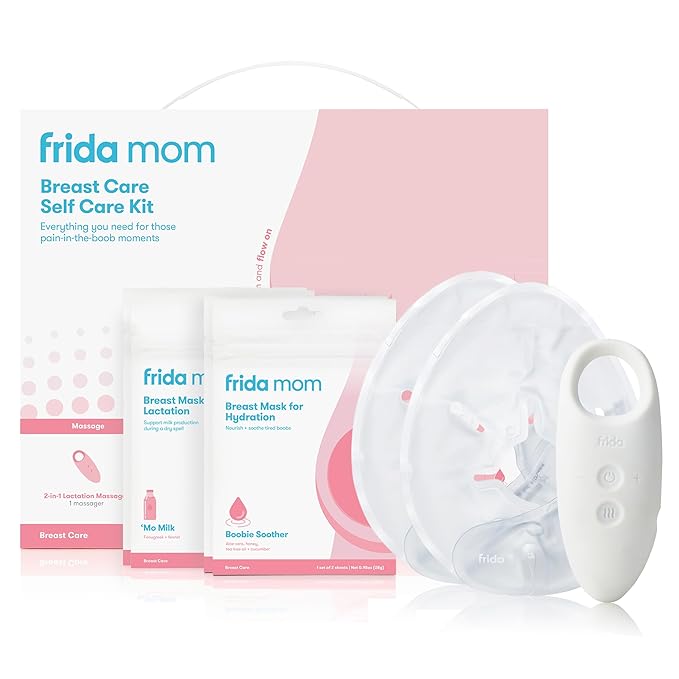 Frida Mom 9pc Breastfeeding Essentials Kit – Lactation Support & Nipple Relief Set with Massager, Heating Pads & Hydrating Breast Masks, Postpartum Recovery & Milk Flow Gift Set for New Moms