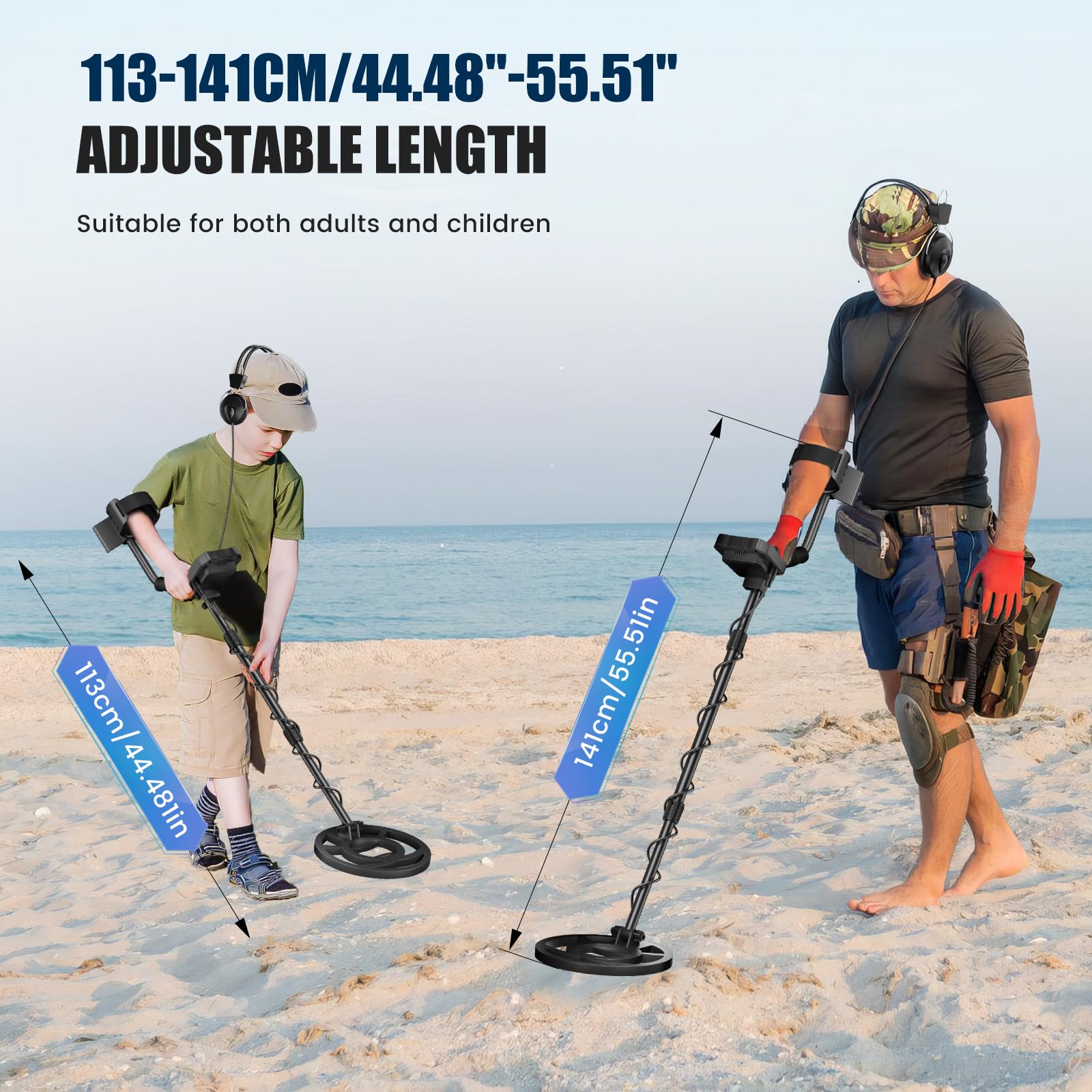 Metal Detector ad Alta Precisione, Lunghezza Regolabile 113 cm - 141 cm, 5 Modalità, Metal Detector Professionale con Schermo LCD, Bobina di Ricerca Impermeabile IP68 per Adulti & Bambini