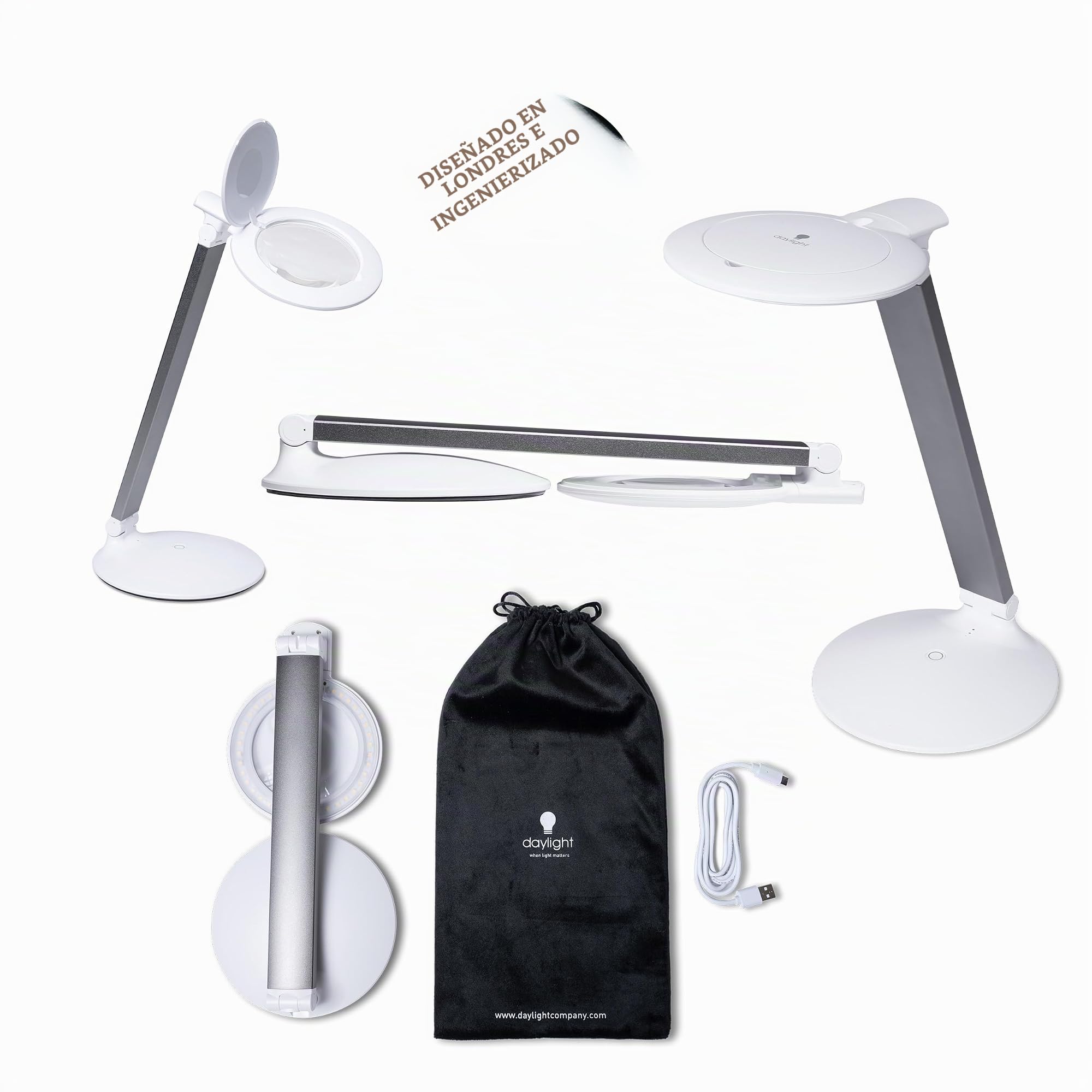 daylight The Company Halo Go 2 Niveles de Brillo Recargable Portátil Lámpara Lupa 80+ CRI Ideal para Cuidado de los Ojos Temperatura de color: 6000K Blanco