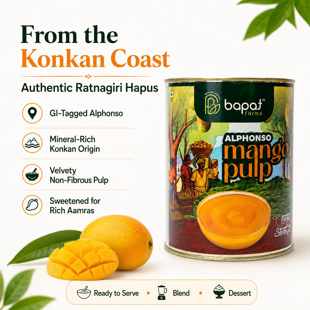 Bapat Farms Pure Alphonso Mango Pulp (Hapus), Authentic Konkan Origin, Rich & Creamy Aamras, Sweetened, 450g Tin 3