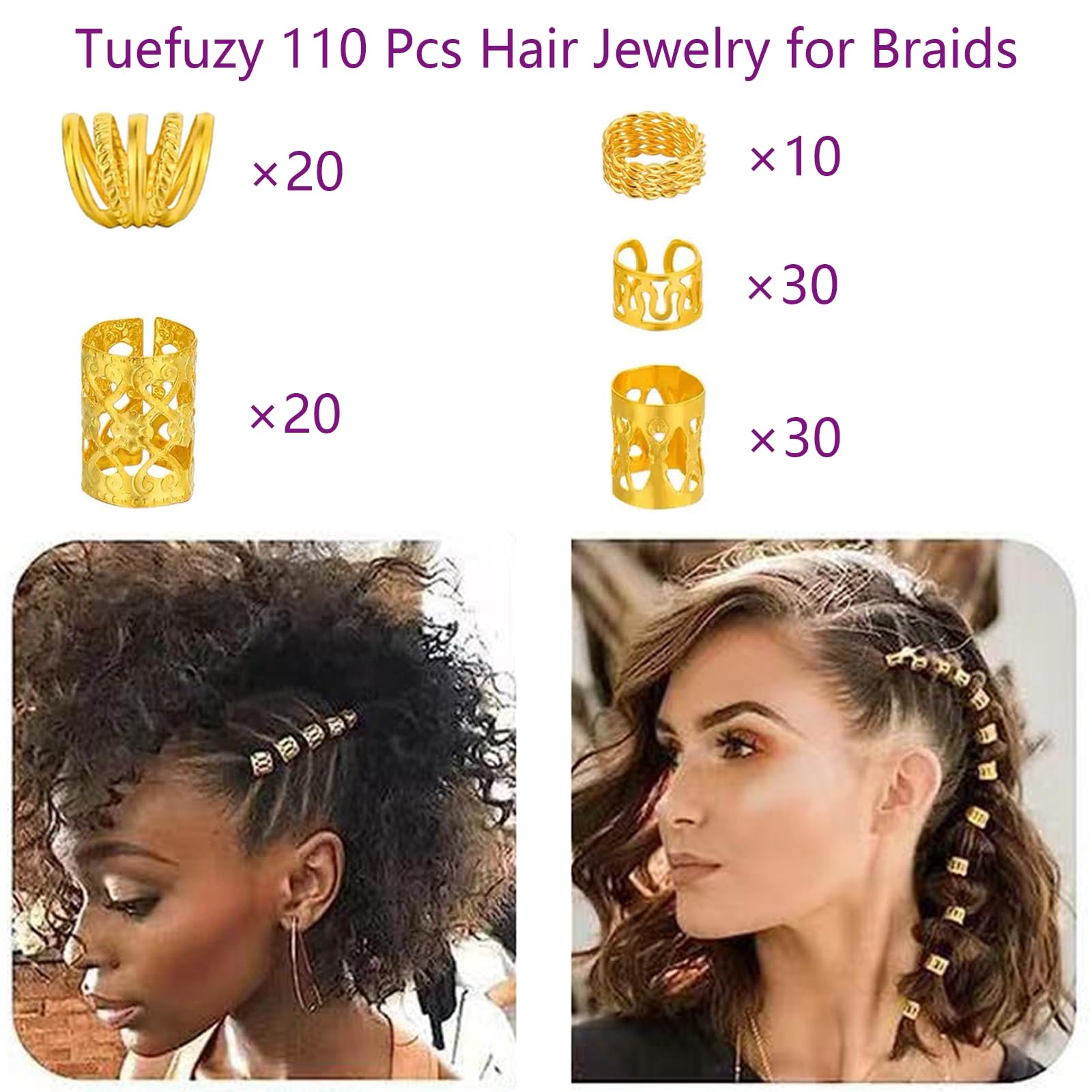 110 piezas de joyas doradas para el cabello para trenzas y rastas, anillos de metal, puños, clips, accesorios decorativos - amarillo dorado 2