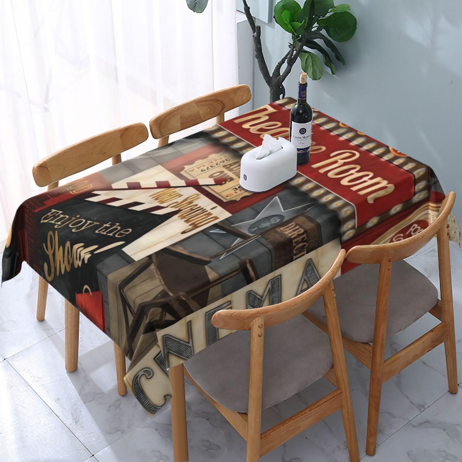 HLBSDM Retro Theater Movie Night Rectangle Tablecloth, Suitable for Wedding, Party and Restaurant Festival Gathering Event Polyester Fabric Decorative Tablecloth(54x72in)