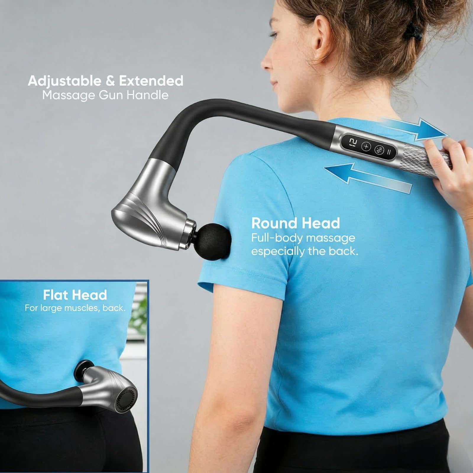 Massagepistole mit langem Griff für Rücken und Schultern, elektrisches Hand-Percussion-Massagegerät mit abnehmbarem Griff und tragbarer Tasche