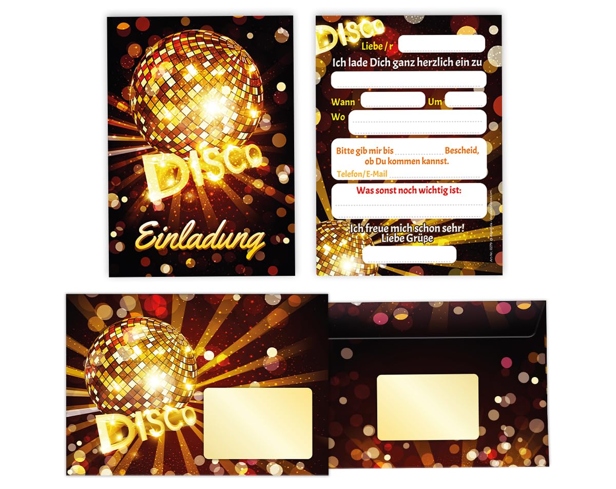 Minkocards 12 Einladungskarten incl. 12 Umschläge zum Geburtstag Kindergeburtstag Disco VIP Jungen Mädchen Jungendliche Erwachsene Einladung Geburtstagseinladungen