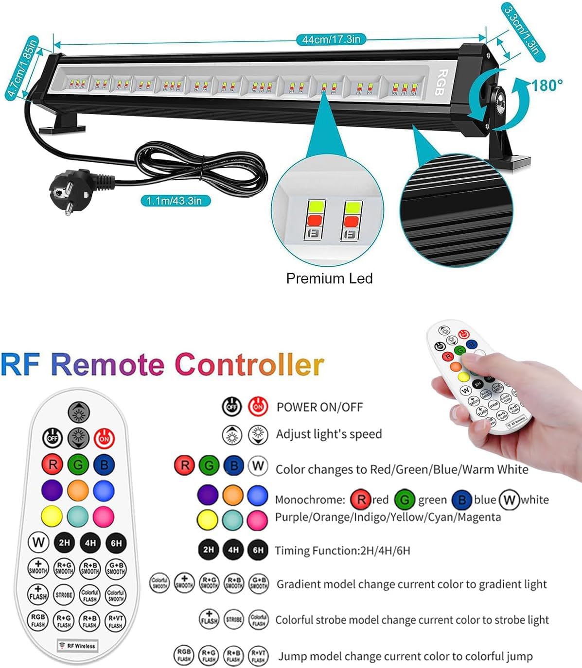 MEIHUA Projecteur LED RGB Barre 42 W avec Télécommande RF 360° Éclairage LED RGB 10 Couleurs 12 Modes 6 Luminosité Réglable Étanche IP66 Mémoire et Minuterie Spot Couleur pour Bar Noël Halloween