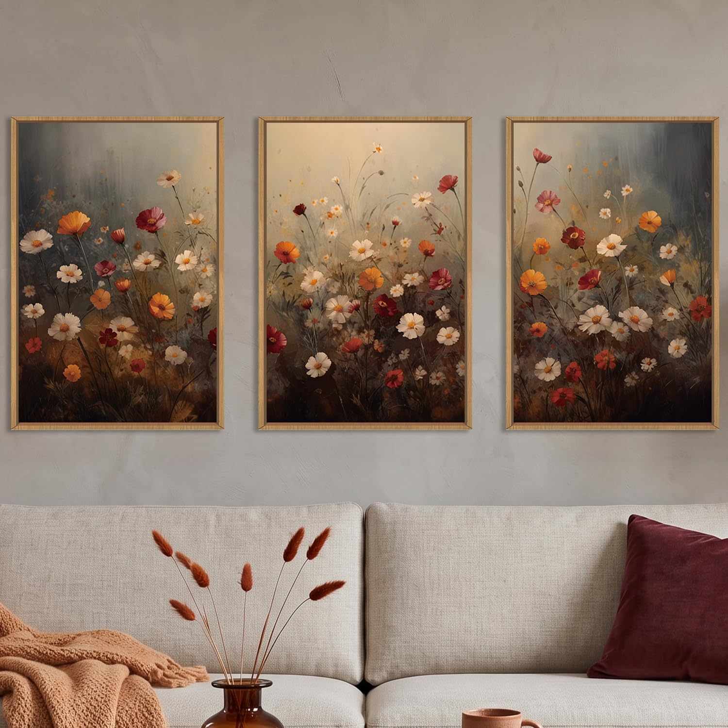 KAIRNE Moody Colorful Wildflower Framed Canvas Wall Art Set,Vintage Daisy Floral Wall Decor,Watercolor Flowers Art Prints,Rustic Botanical Artwork for Living Room,Bedroom,Farmhouse,Office-24 x36 x3