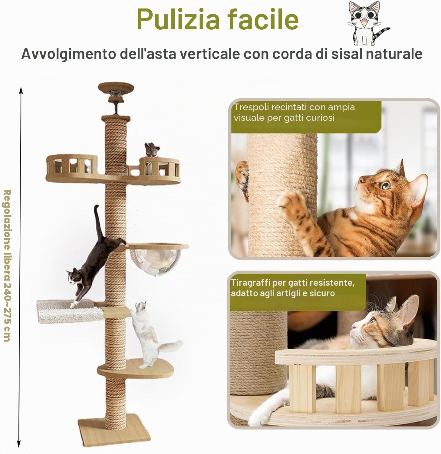 Tiragraffi dal pavimento al soffitto, regolabile in altezza, 240-250 cm, 265-275 cm, larghezza 11 cm, amaca per gatti completamente avvolta in corda di sisal