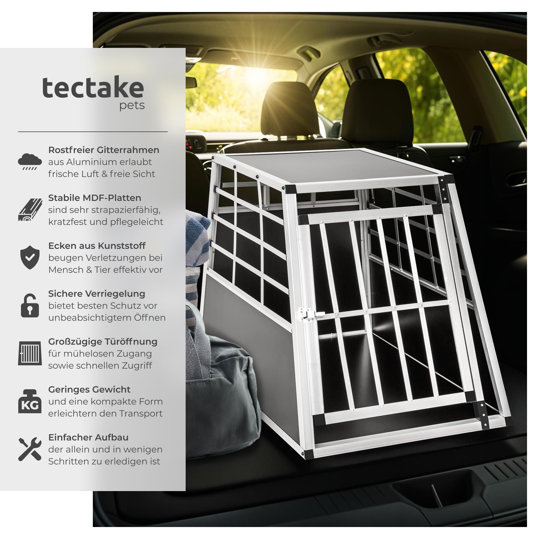 tectake® Hundebox Auto oder Hundebox für Zuhause, Aluminium Hundetransportbox, leicht und stabil, Auto Kofferraum Transportbox für Hunde - 65 x 90 x 69,5cm (Single Groß)
