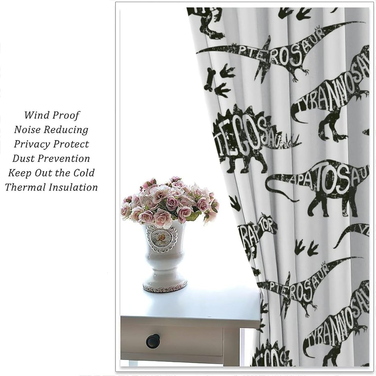 Kids Dinosaurs Curtains, White Black Animals Kids Boy Jurassic Ancient Animals Print for Room Window Decor, Rod Pocket Blackout Drapes for Living Room Bedroom Kitchen 2 Panel Set 21"W X 63"L