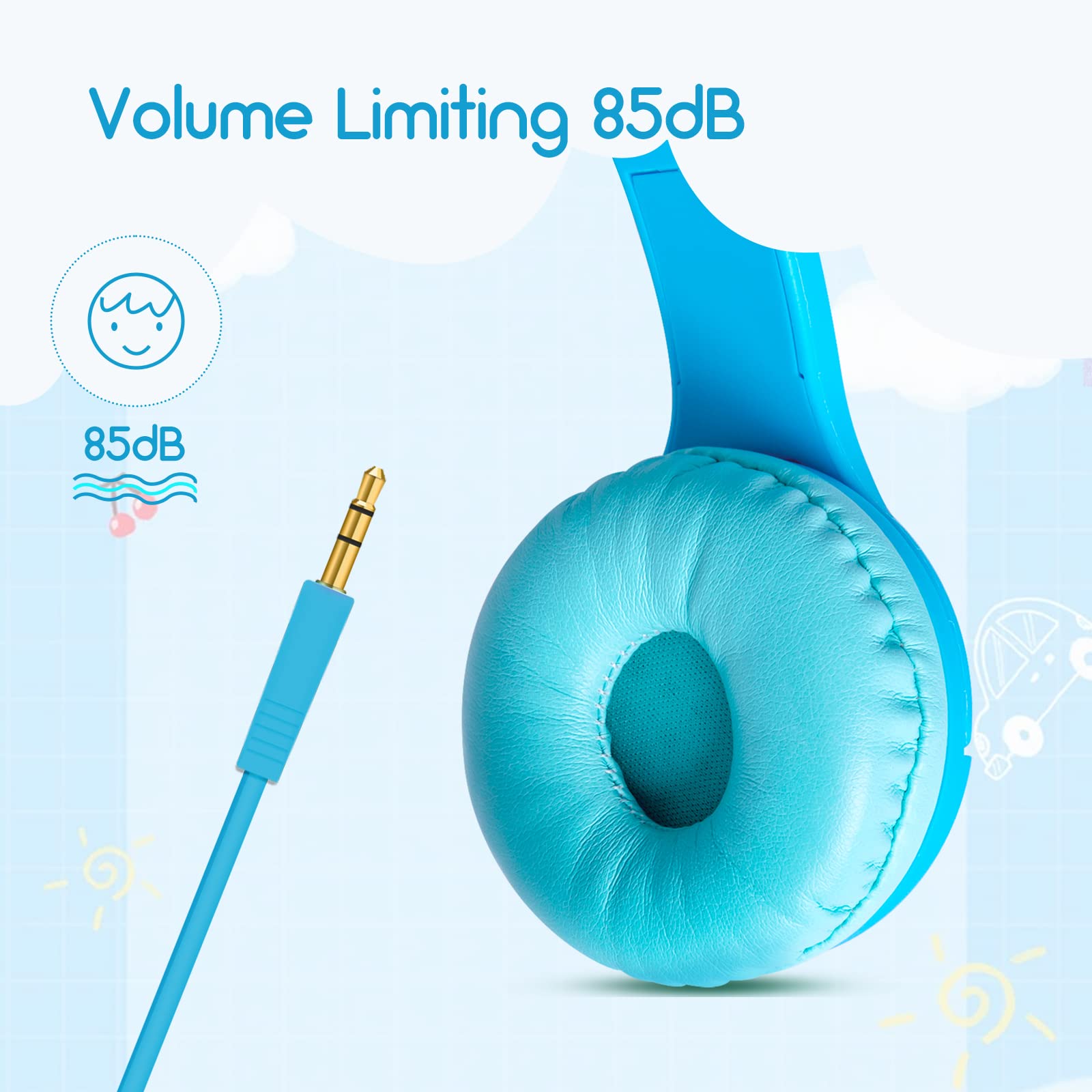 Olyre Cuffie per bambini,cuffie per ragazze,orecchie di gatto,LED si illuminano volume sicuro limitato 85dB per bambini cablate sull'orecchio auricolari/scuola/viaggi-blu