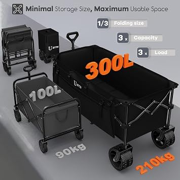 BTTN 300L Large Folding Festival Trolley on Wheels, 210kg Capacity Garden Cart with 18x10 cm Big All-Terrain Extra Wide Wheels, Portable Utility Storage Wagon for Shopping Camping Beach Garden, Black
