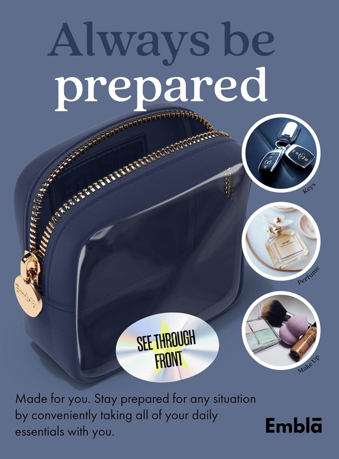 Embla Clear Small Makeup Bag for Purse, Mini Waterproof Nylon Cosmetic Pouch, See Through Travel Toiletry Bag with Smooth Zipper, Navy Blue - Image 4