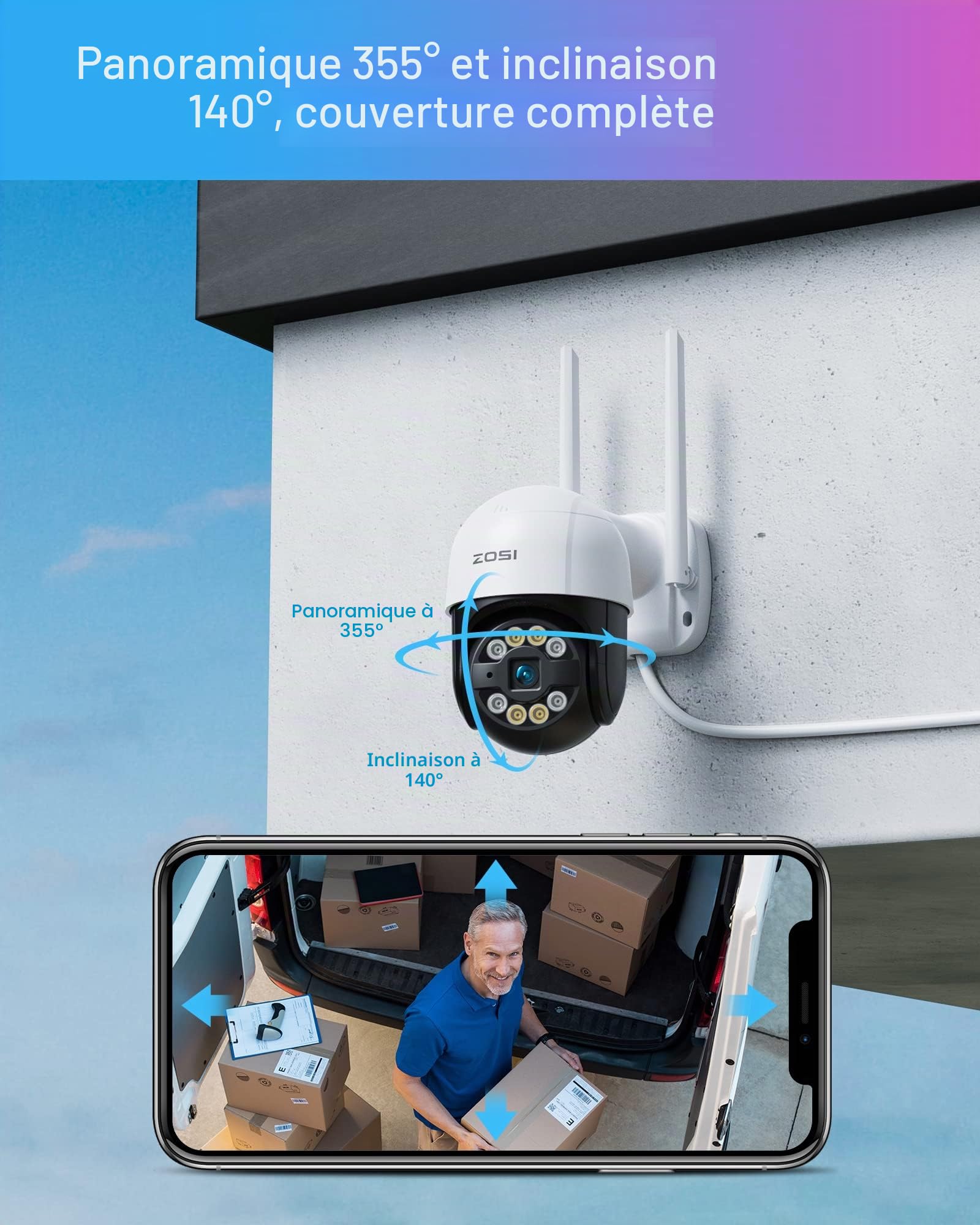 ZOSI Kit Caméra de Surveillance WiFi Extérieur 3MP, 4 Caméras IP Dôme PT 355°/140°, Audio Bidirectionnel, Détection de Personnes, Vision Nocturne Couleur, Alarme Lumière, sans Disque Dur