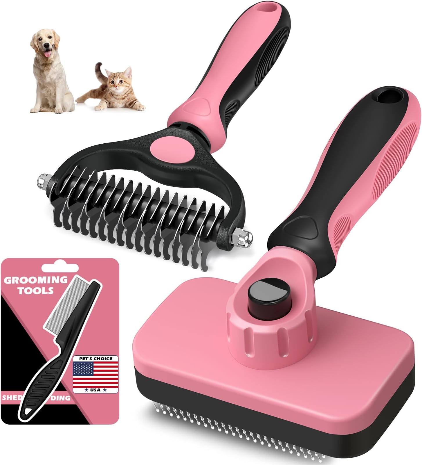 3PCS Self Cleaning Slicker Brush & Pet Grooming Rake & Flea Comb for Dogs,Cats and Horses | Double-Sided Dematting Comb & Skin Friendly Deshedding Grooming Tool | Pet Supplies (Light Pink)
