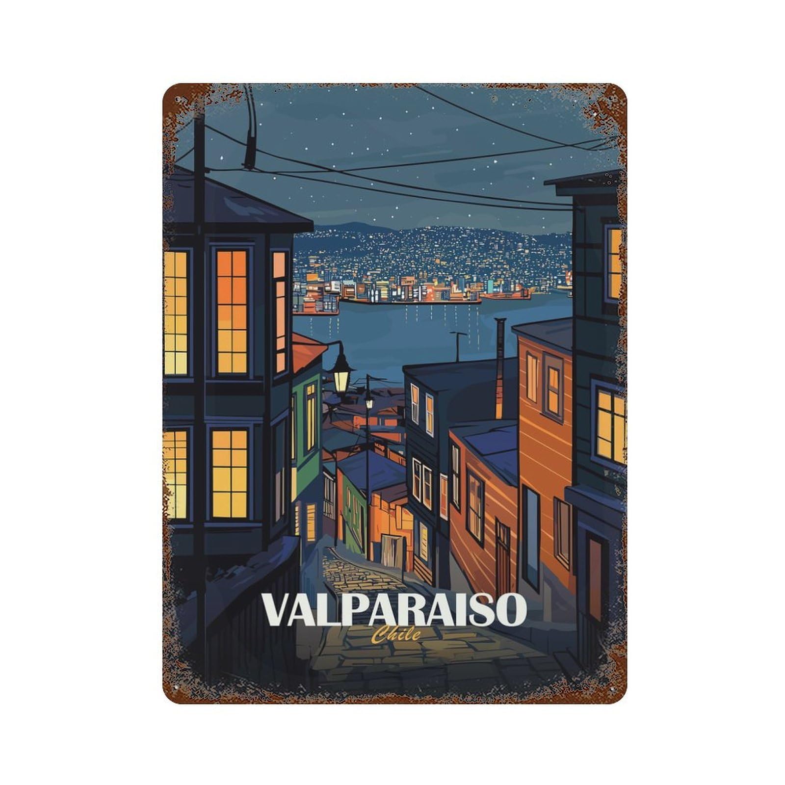 Valparaiso Chile Night Cityscape Art Retro Metal Sign 15.7"x11.8", Rustic Home Decor for Garage, Pub Or Kitchen
