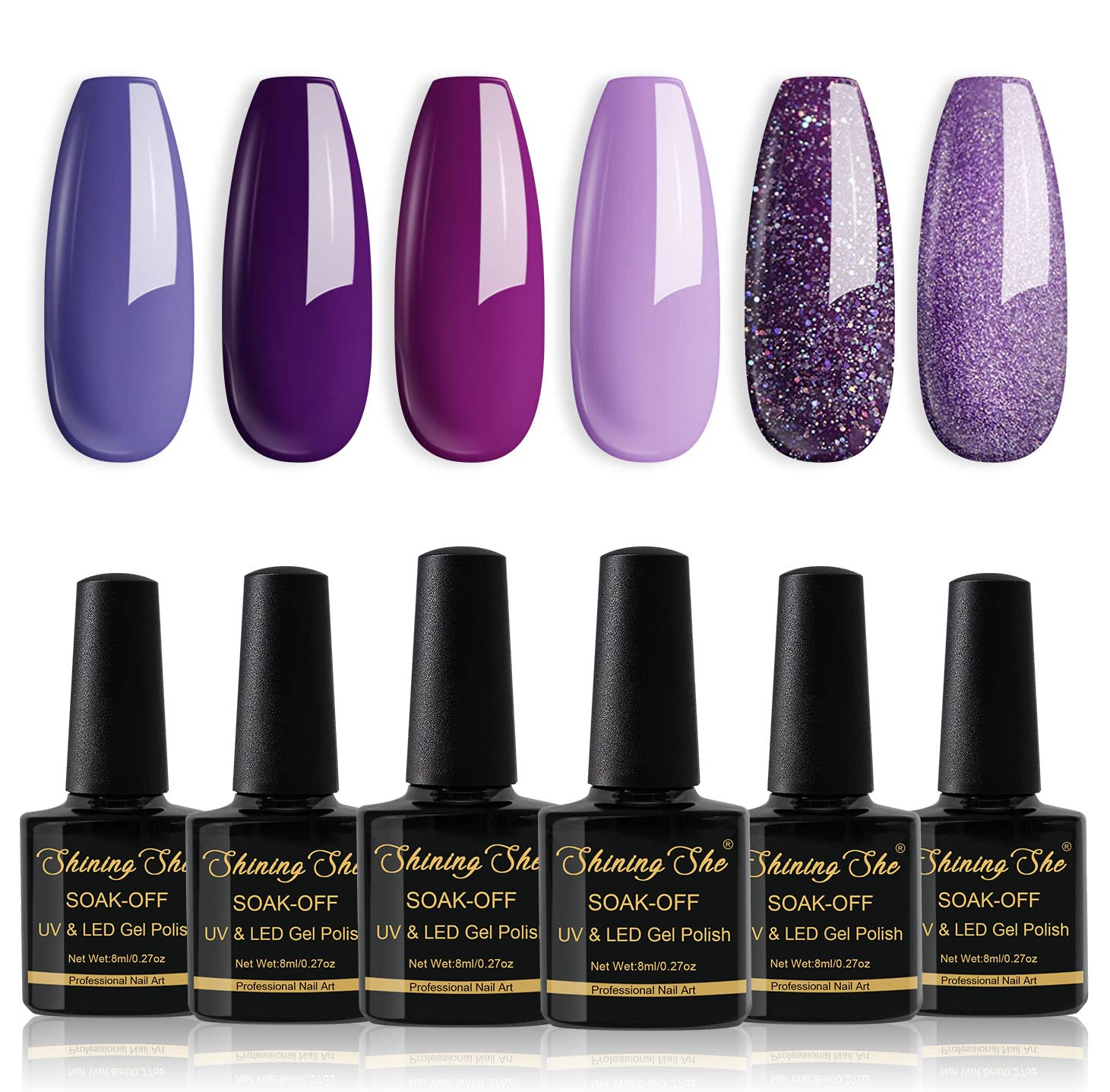 Shining She Nail Polishes Set, 6 Colours Purple Wisteria Rose Purple Polish Set Soak-Off UV/LED Blue Series Nail Polish Gel for Nail Art Salon DIY Home, 8ML