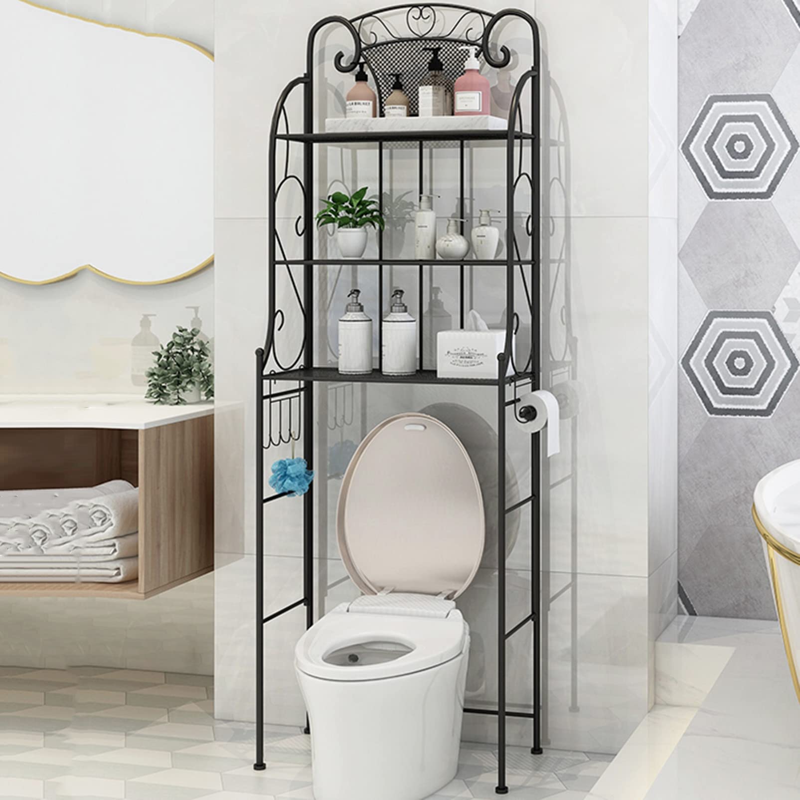 Aufbewahrungsregal über der Toilette, Multifunktionaler Badezimmer-Organizer Freistehender Toilettenständer, Metallregal mit Haken und Toilettenpapierregal