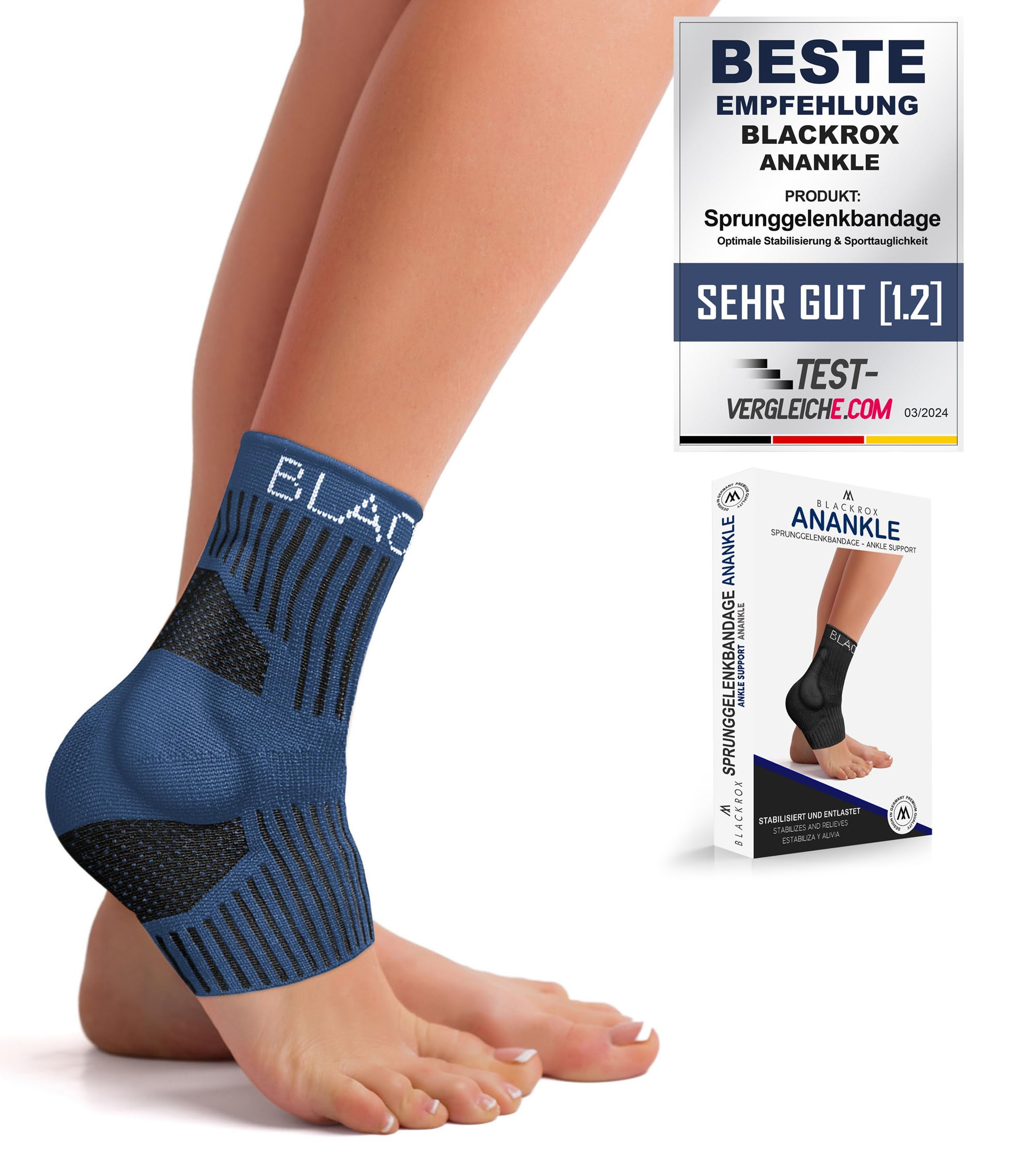 BLACKROX SPRUNGGELENKBANDAGE ANANKLE – Knöchelbandage für Damen & Herren – Fußbandage zur Stabilisierung beim Sport, Fußball, Joggen & Training – Blau/Gr. M