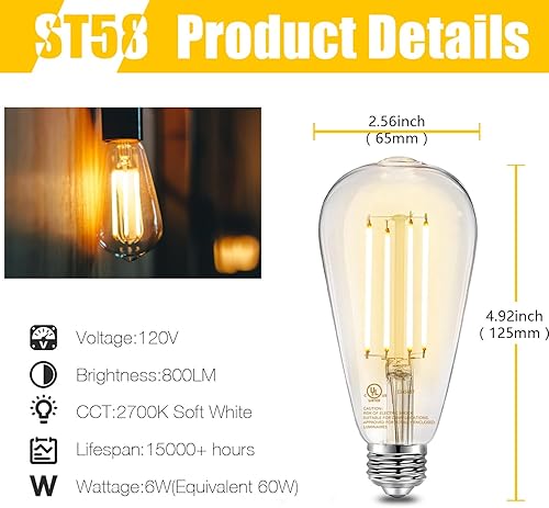 Miniatura 2 de DAYBETTER Bombillas LED Edison vintage, bombilla LED E26 equivalente a 60 W, bombillas LED regulables, alto brillo 6 W 800 LM, blanco cálido 2700 K,
