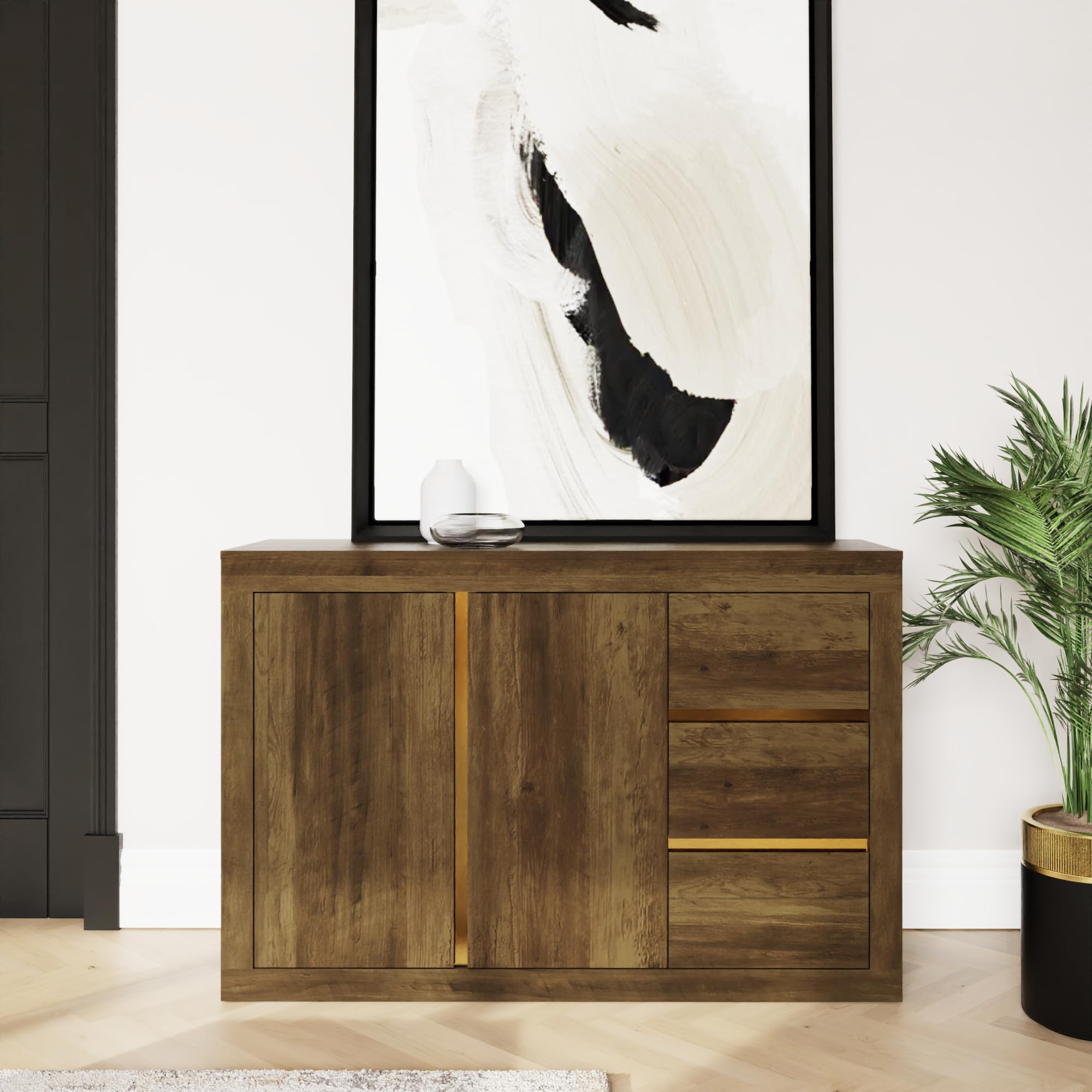 GFW Astley Sideboard, 2 Door 3 Drawer Storage Cabinet in Knotty Oak Effect with Gold Accents, Modern Sideboard for Living Room, Dining Room and Hallway