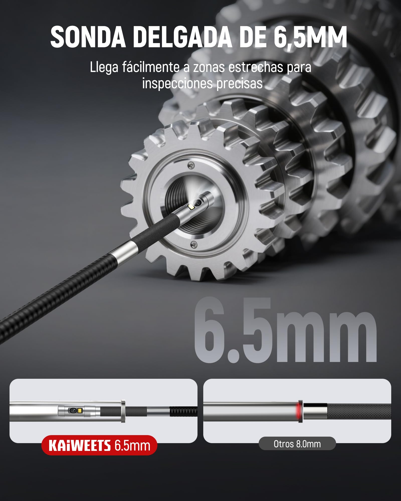 KAIWEETS Cámara Endoscópica con Luz, Doble Lente 210° Articulada con Control de Rueda, Sonda Delgada de 6,5 mm, Pantalla IPS 1080P, Cable Semirrígido de 1,6 m, IP67 Impermeable para Automoción y HVAC