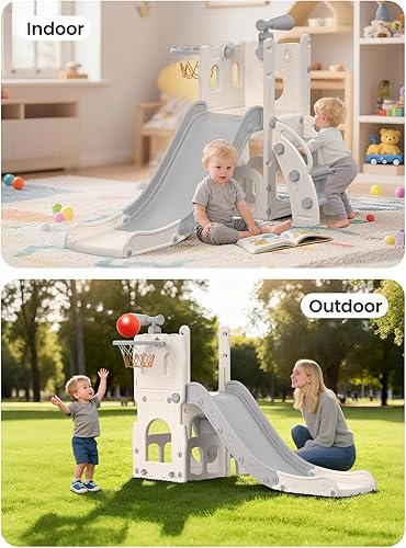 Miniatura 7 de Juego de tobogán para niños con aro de baloncesto y telescopio, tobogán y escalador para niños y niñas, juguete de patio de recreo, divertido juego