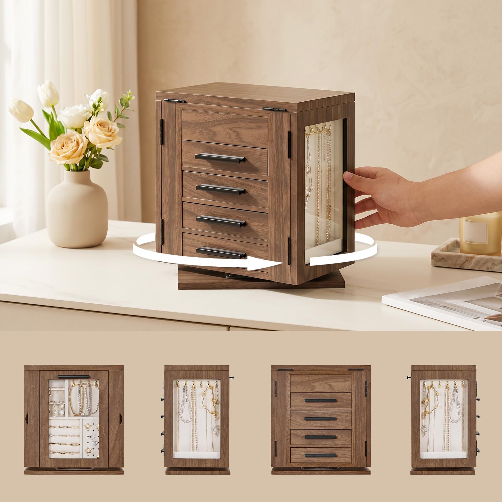 HOOBRO Caja Joyero de Gran Capacidad Giratoria de 360° con 4 Cajones y Espejo, Organizador de Joyas con 3 Puertas de Acrílico, Caja para Collares, Anillos, Pulseras, Nogal EB31JB04