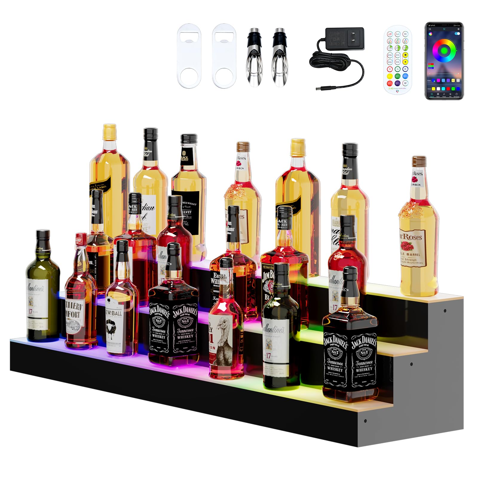 Dethan 3 Tier 48 Inch Liquor Bottle Display Shelf - Wine Racks with Multi-Color App & Remote Control, Adjustable Brightness & Sound Modes, Acrylic Bar