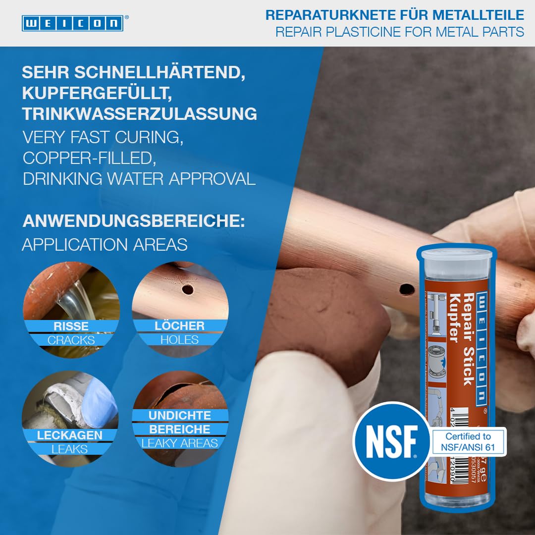 Weicon Barretta Rame 57G - Adesivo a Base Di Resina Epossidica Speciale per la Riparazione Di Tubi e Cavi - Resistente Al Calore