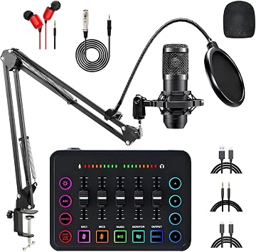 Podcast Equipment Bundle with RGB DJ Mixer Board and BM-800 Microphone Set, Real-Time Monitoring, Dual Mic and Phone Streaming, 48V Phantom Power for PC, Mobile, Tablet Recording