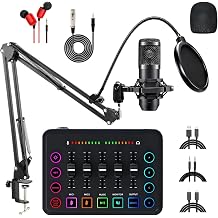 Podcast Equipment Bundle with RGB DJ Mixer Board, BM-800 Microphone Set, 48V Phantom Power, Real-Time Monitoring, Dual Mic and Phone Streaming for PC, Mobile, Tablet Recording
