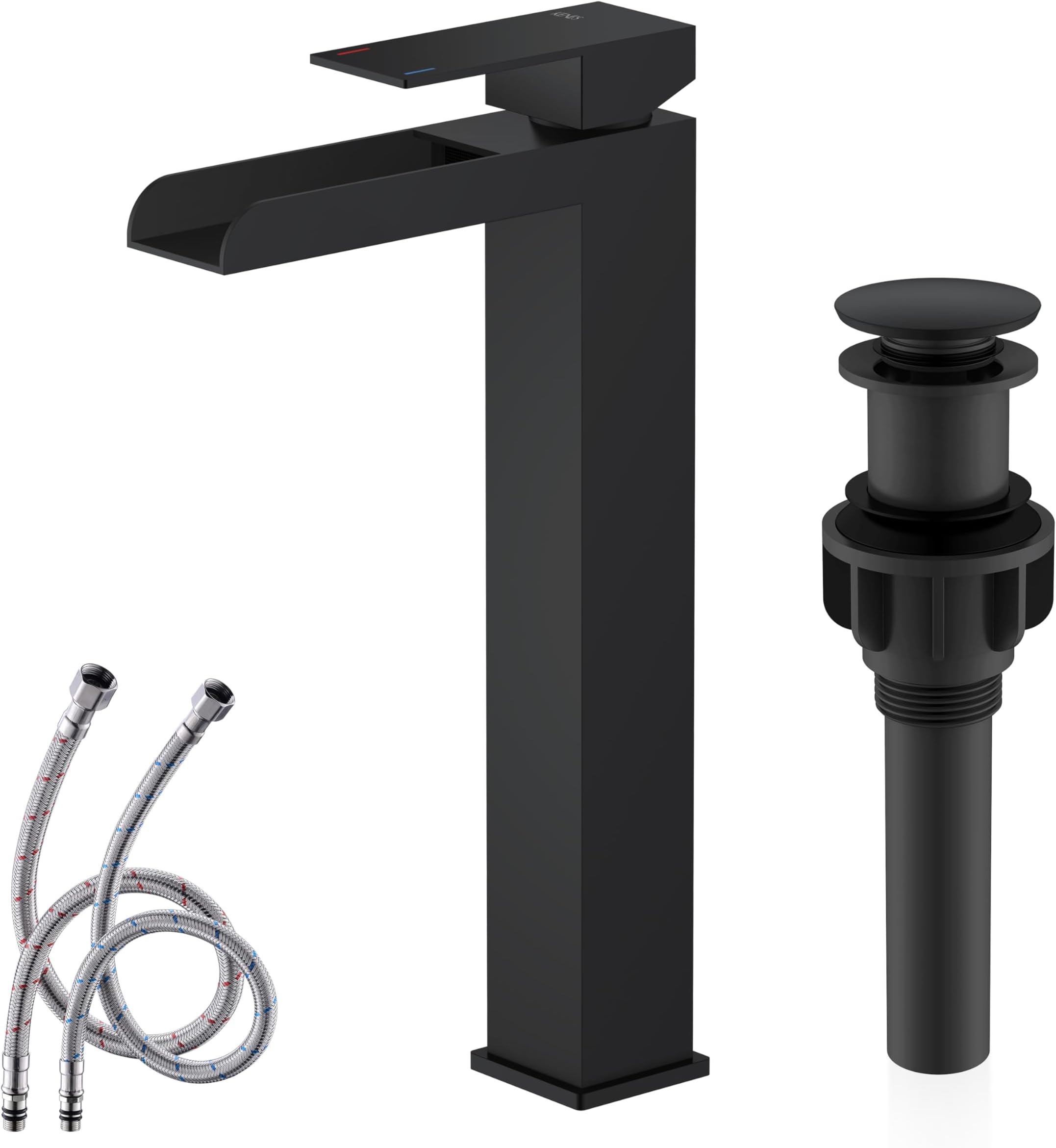 KENES Tall Bathroom Vessel Sink Faucet, Matte Black Tall Waterfall Bathroom Faucet, Single Handle Waterfall Bathroom Faucet Lavatory Vanity Faucet with Pop Up Drain & Water Supply Hoses LJ-9035A-2