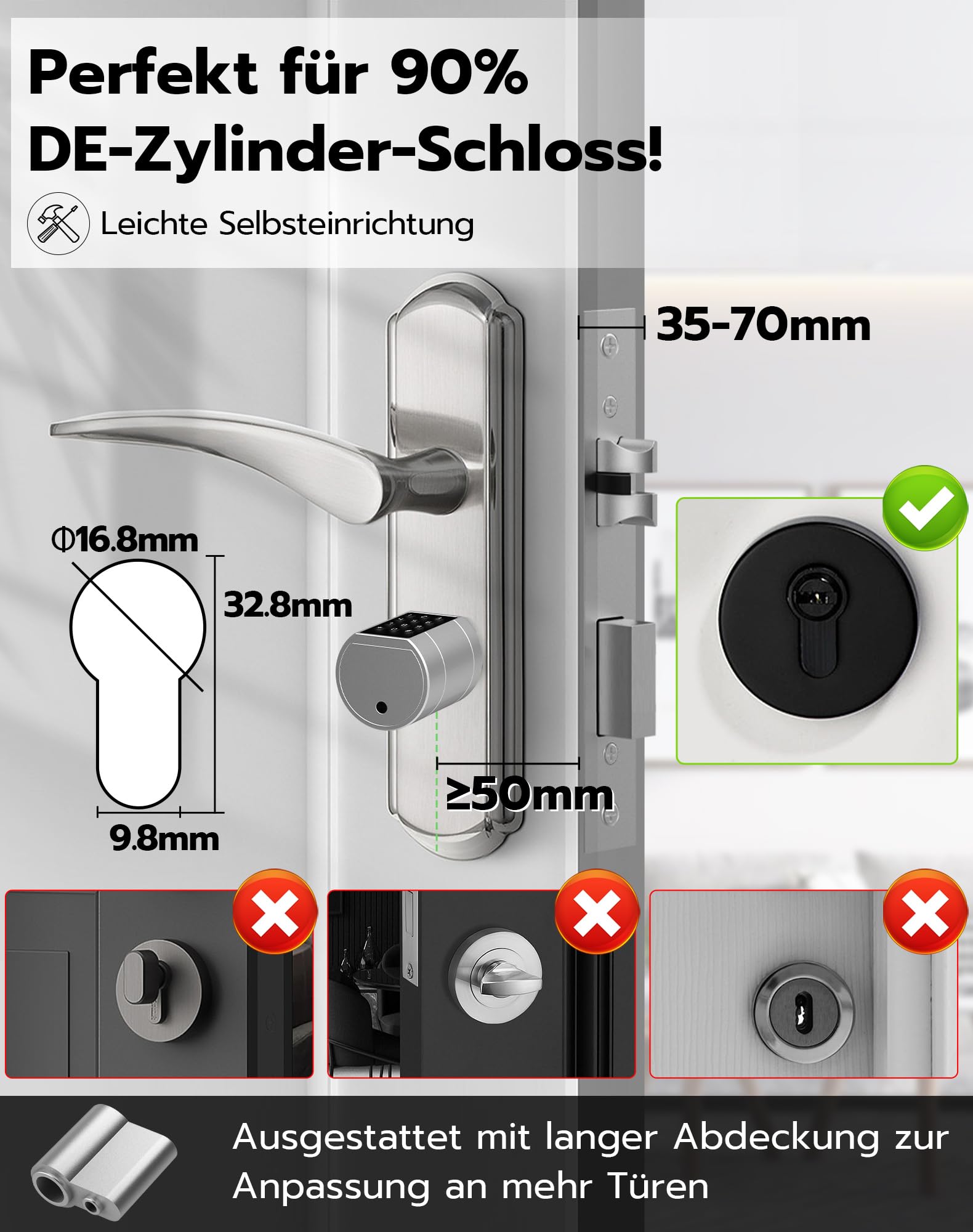 Eseesmart Türschloss Fingerabdruck, Fingerabdruck Schloss mit Zahlencode RFID Schlüssel APP, Elektrisches Smart Türschloss SchließZylinde Einstellbare Länge für 35-70mm Tür