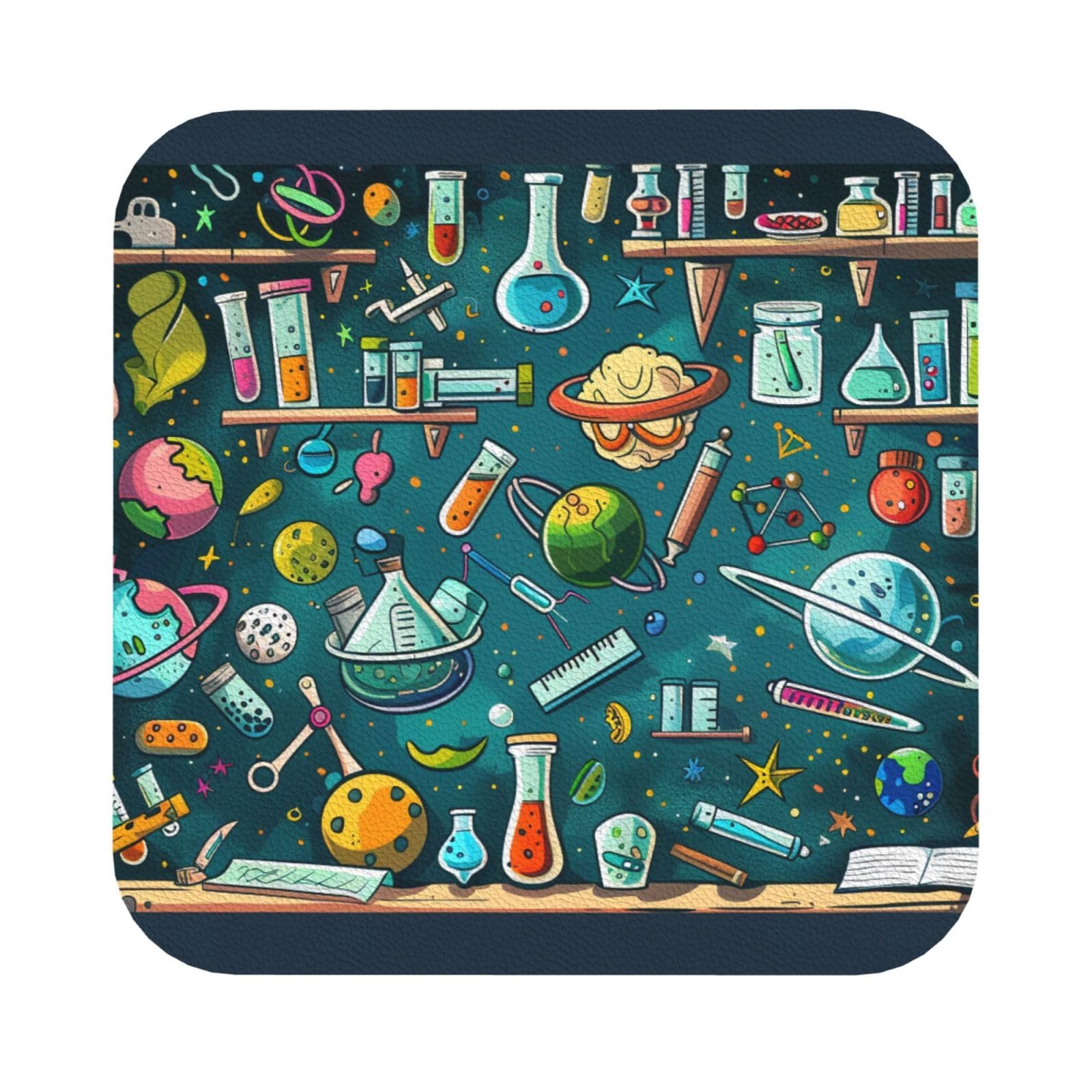 Cartoon Science Theme Print Leather Coaster Set of 6, Square Coasters Table Decorative Coffee Cup Beverage Coasters Wine Beer Bar Coasters for Hot Drinks Table Protection