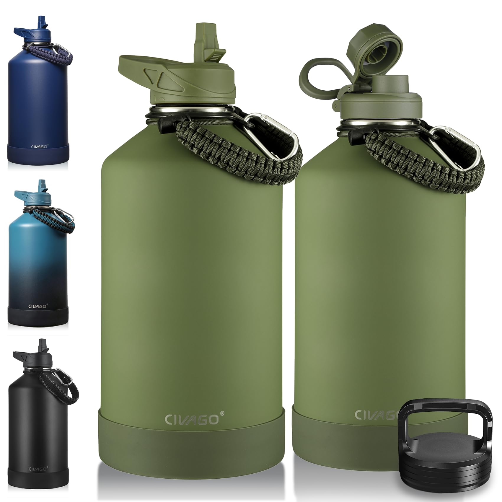 CIVAGO Gallon Insulated Stainless Steel Water Bottle With Straw and 3 Lids | 128 oz Large Metal Water Jug Big Leakproof Reusable Wide Mouth Thermal Flask with Silicone Boot and Strap, BPA-Free,ArmyGreen