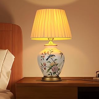 HvKvHvY Table Lamp Retro Ceramic, Living Room Bedside Lamp Vintage Bedroom Warm Fabric Reading Book Light Desk Lamp Modern Style E27 Night Lamp