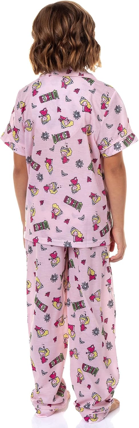 INTIMO Wicked Girls' Glinda Pajamas Chibi Crown Butterfly Design Button Up Shirt and Pants Pajama Set For Kids
