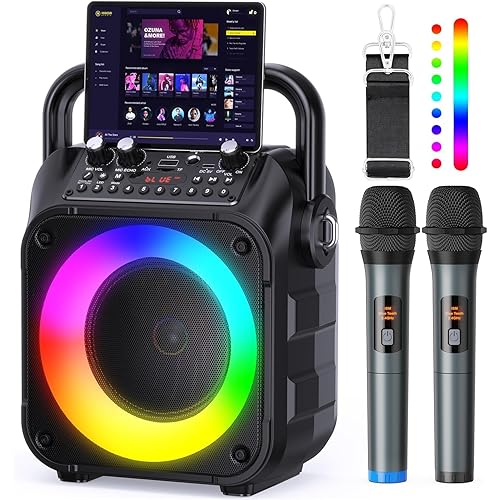 Karaoke Machine, Portable Bluetooth Speaker with 2 Wireless Mics for Adults & Kids with LED Lights, Bass/Treble Adjustment, PA System Supports USB/TF/FM/AUX/TWS for Party Home System Packages
